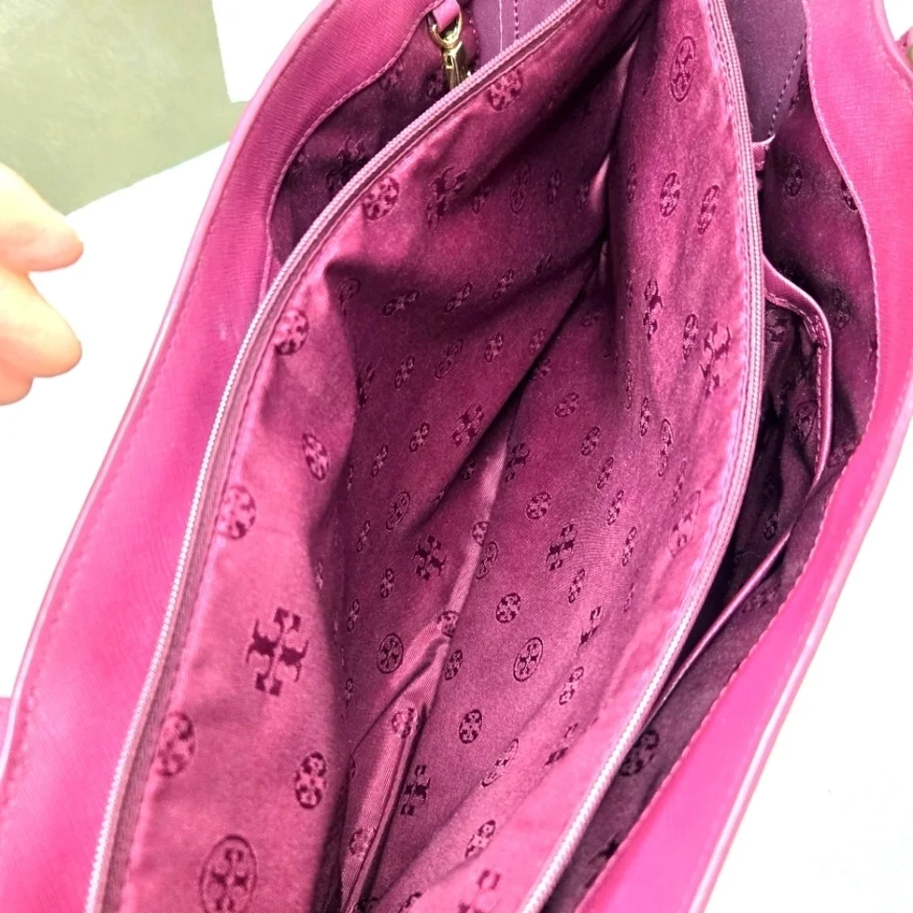Tory Burch Emerson Tote Handbag. Burgundy, Saffiano Leather, Large.